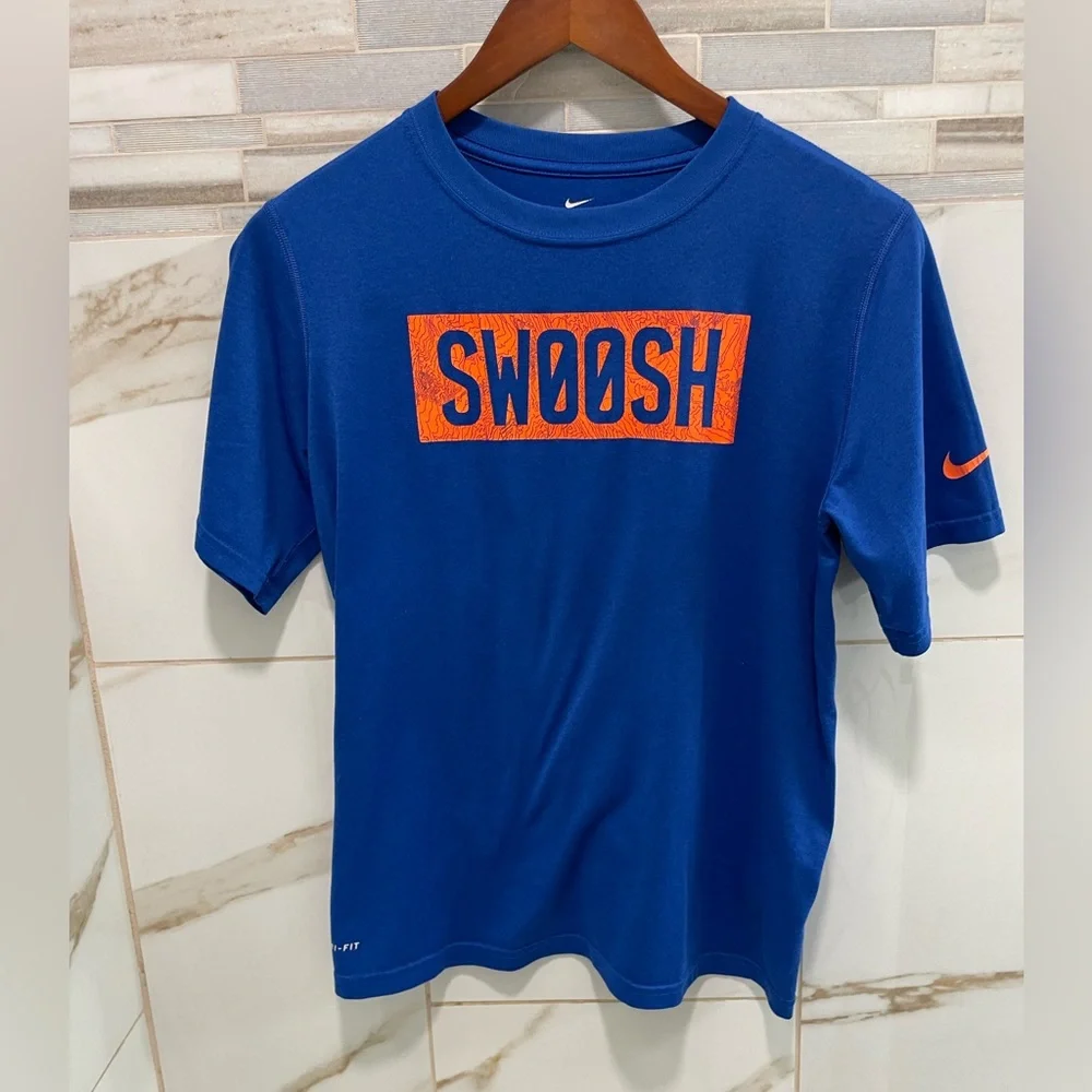 Nike Dri-FIT Swoosh Graphic Tee Kids XL Blue Orange Athletic Shirt